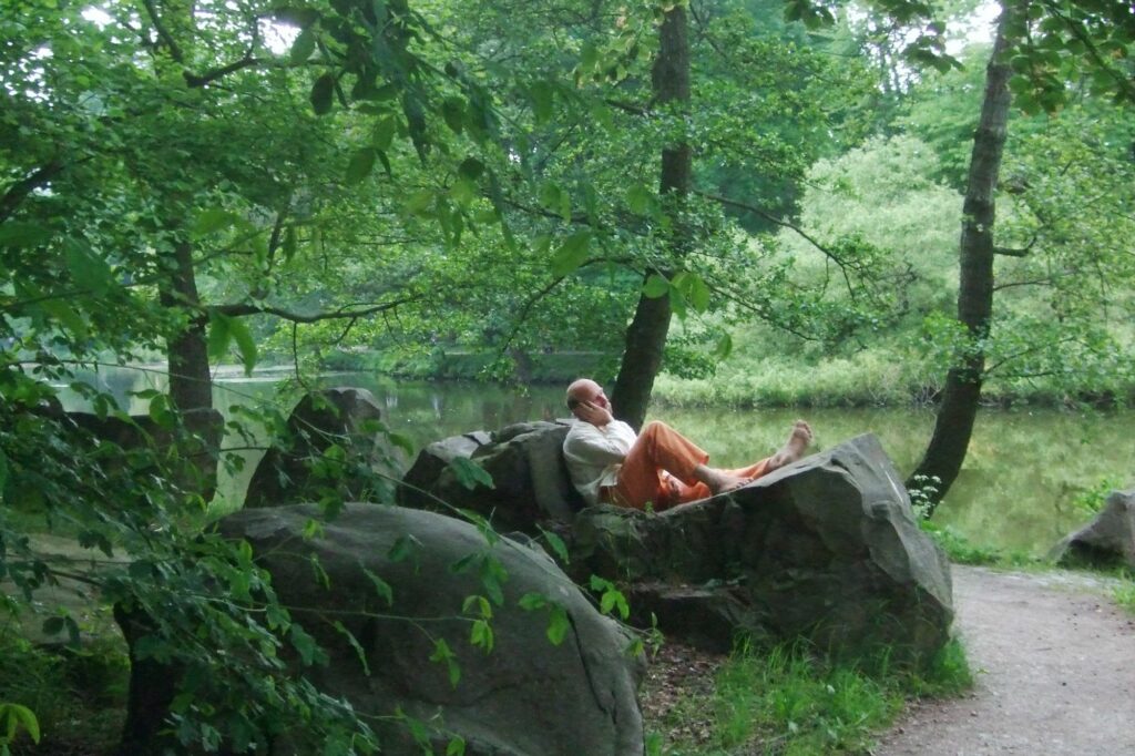 Ein Mann liegt auf einem großen Stein im Wald und entspannt